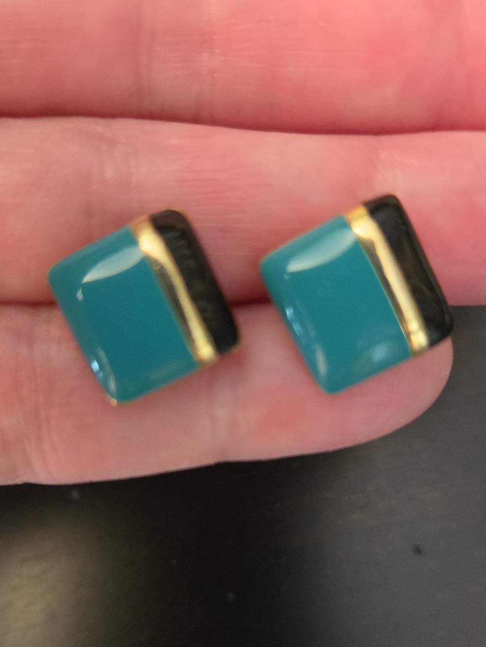 Vtg Turquoise & Black Enamel Square Stud Earrings with Gold Accent - 1/2" Sqare